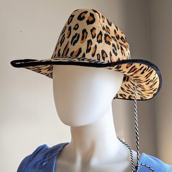 Fuzzy Leopard Print Cowboy Hat with string - Picture 1 of 4